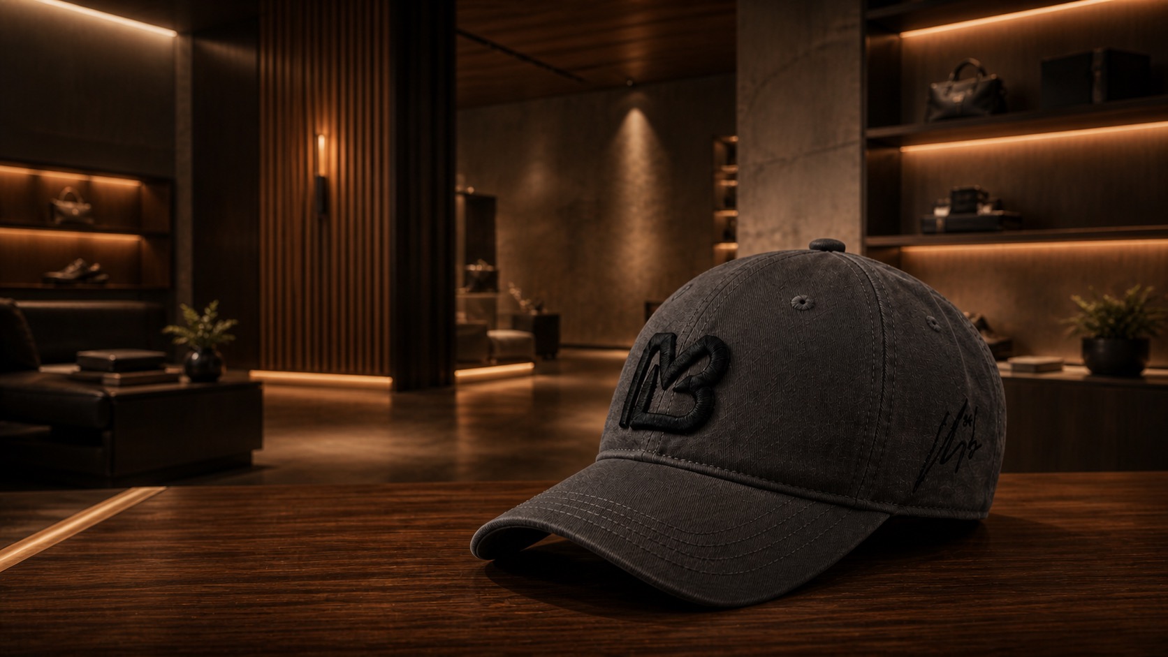 Cappello MB Brand antracite su tavolo in legno in un interno luxury