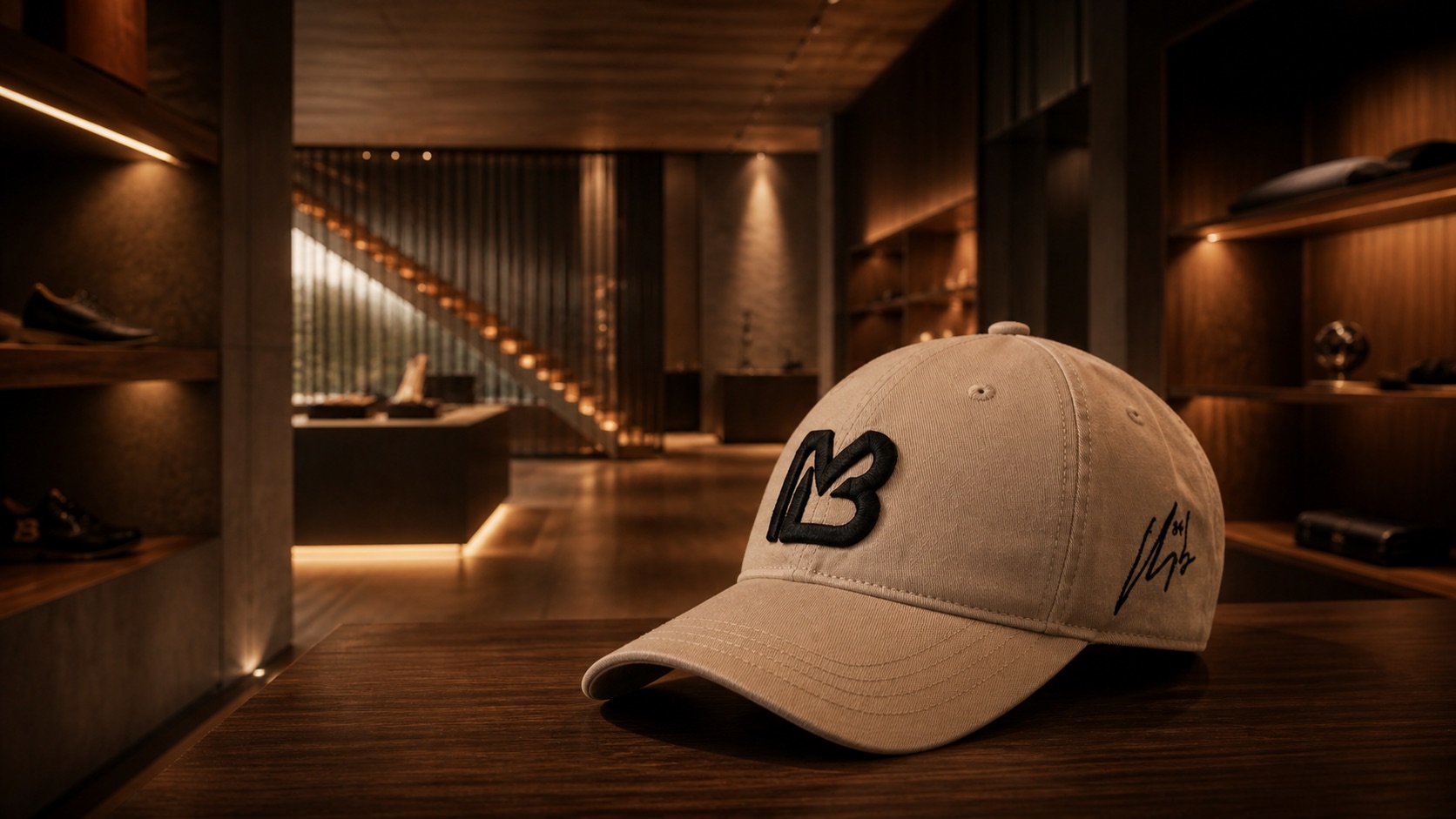 Cappello MB Brand in un interno industriale con legno e luce calda