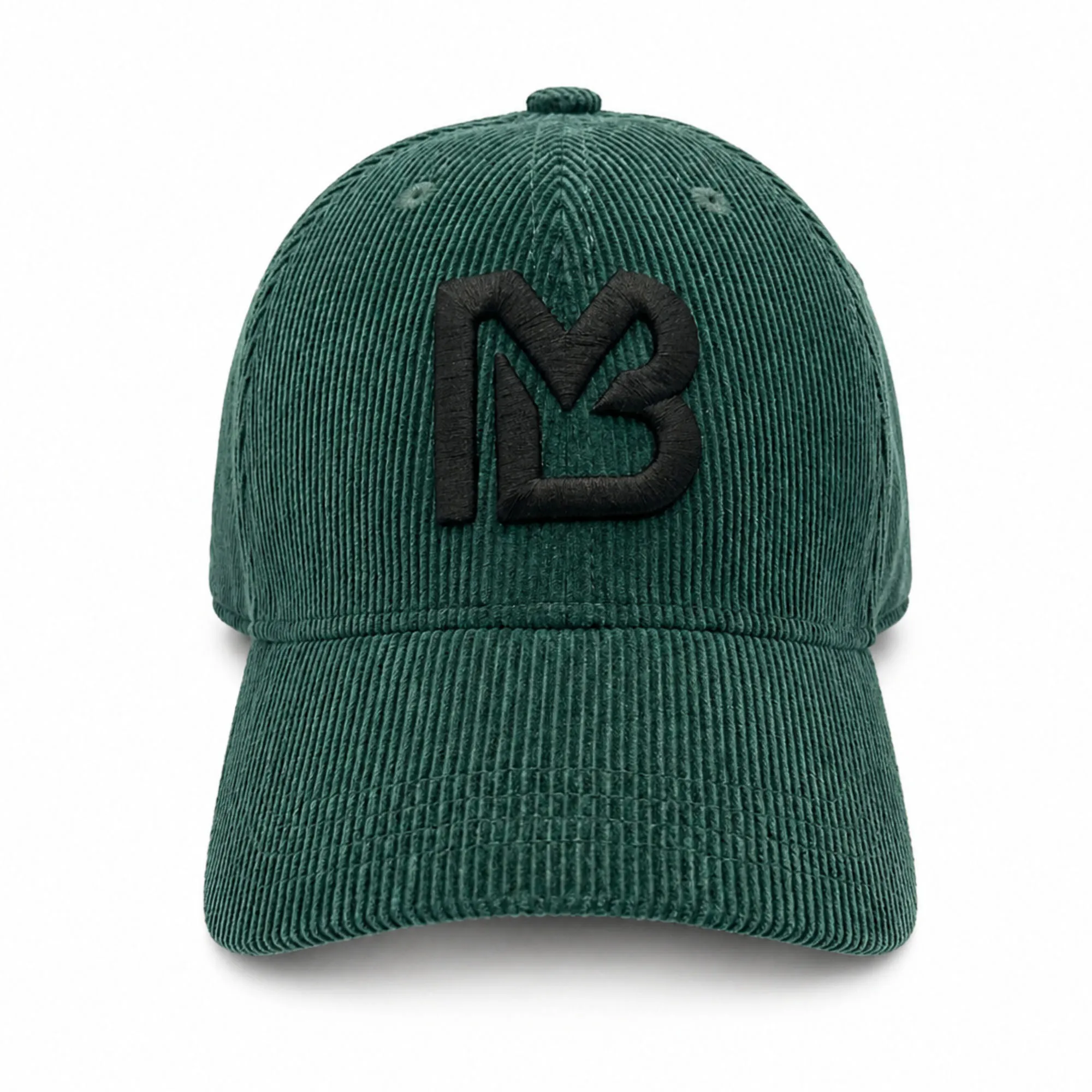 Cappello Emerald Forest in velluto a coste, vista tre quarti con firma laterale